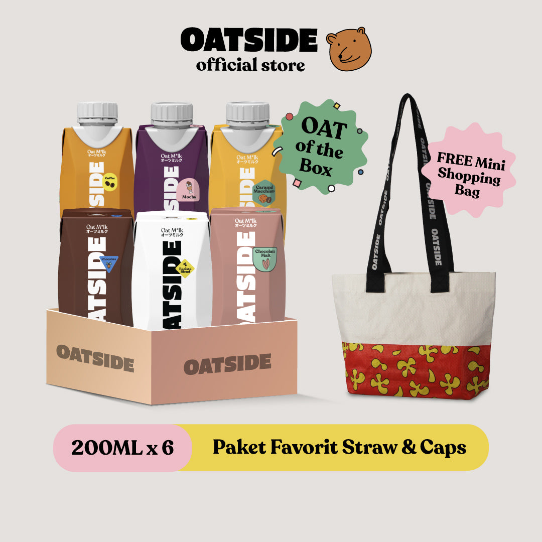 (Paket Favorit) OATSIDE Mini 200ml All Variants Straw & Caps (6 pcs) | Susu Oat Semua Varian  FREE Mini Shopping Bag OATSIDE